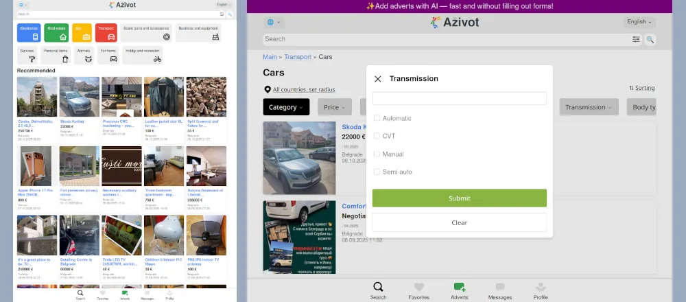 Aživot — multilingual classifieds platform, screenshot